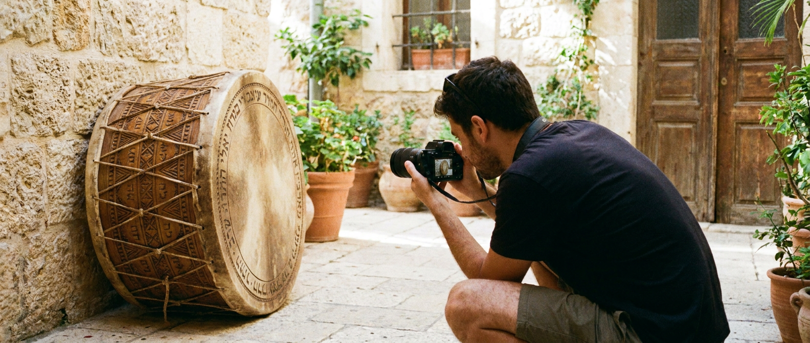 Someone carefully photographing their own frame drum