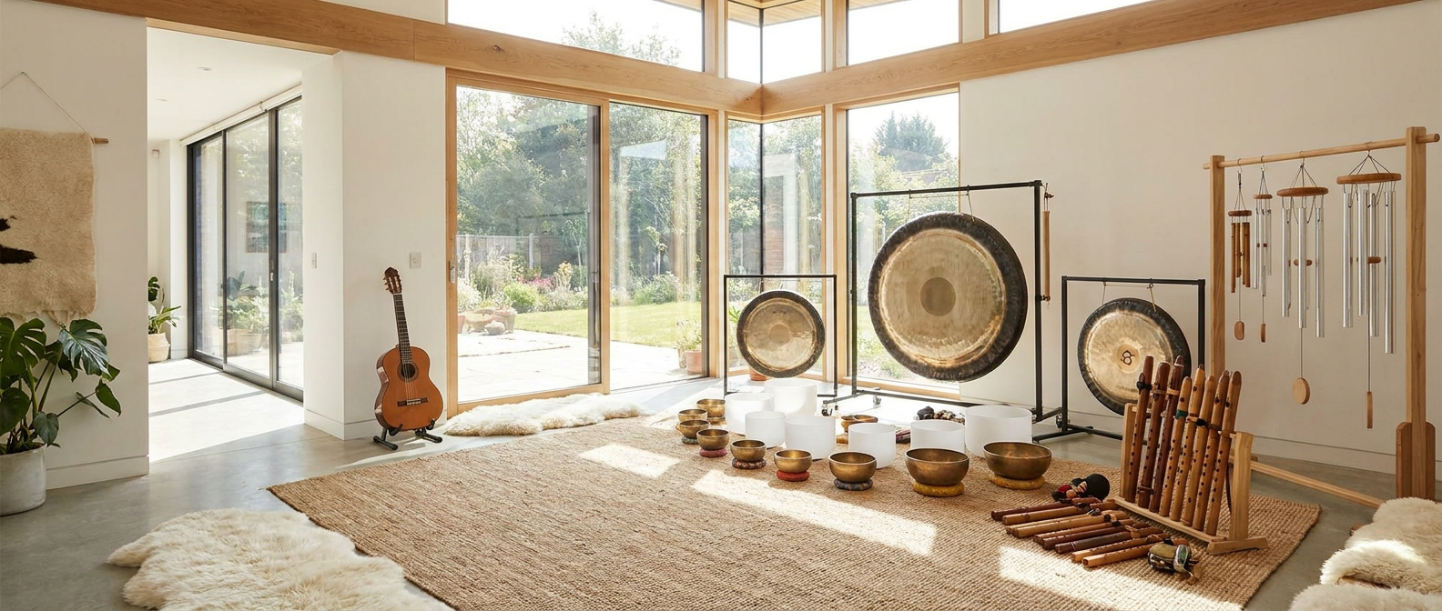 Sunlit studio with gongs, singing bowls, flutes and wind chimes